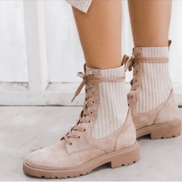 Sale🔥 Sam Edelman Lydell Lug Sole Suede Knit Combat Boot size 7.5 Sesame Tan - Picture 2 of 12